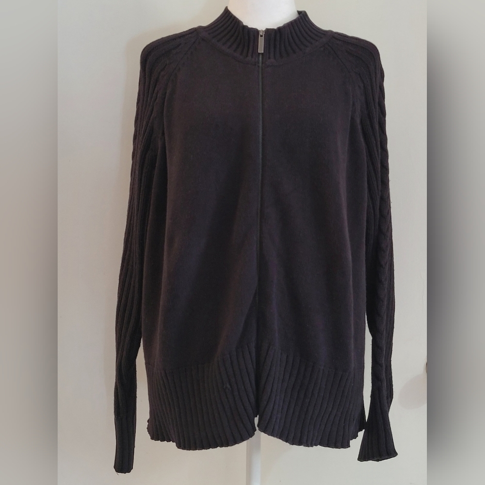Liz Claiborne Cable Knit Zip Up Long Sleeve Sweater, Black Size 1X